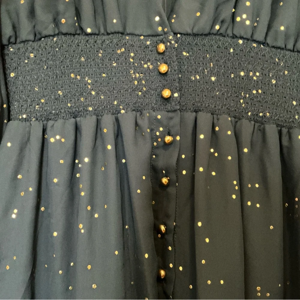 Soieblu Semi Sheer High Low Lined Maxi Dress Navy Button Up Sparkly Gold Dots L - Picture 3 of 8